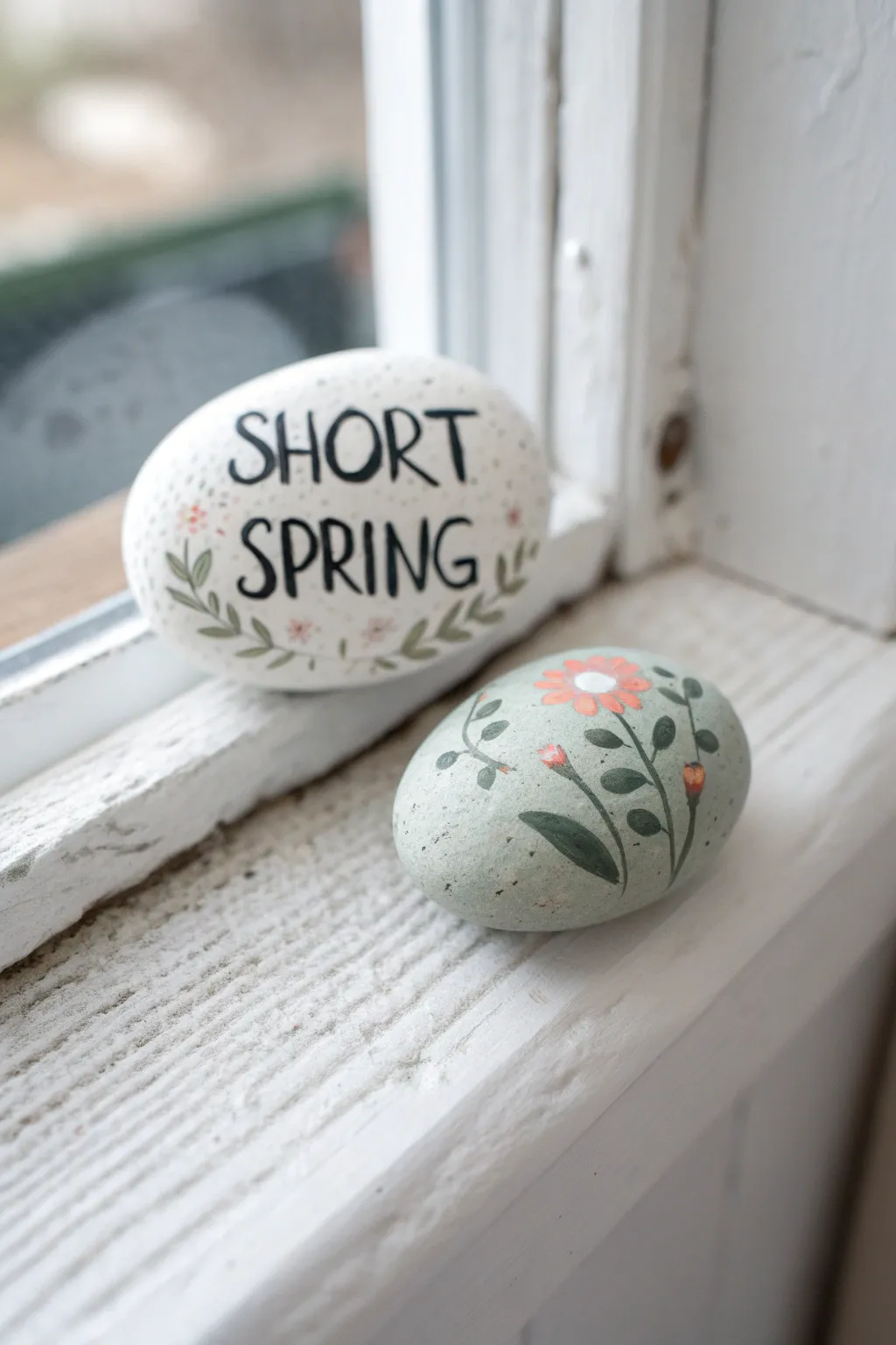 Minimalist spring rock art on a sunlit sill, bold hand lettering with delicate floral accents.