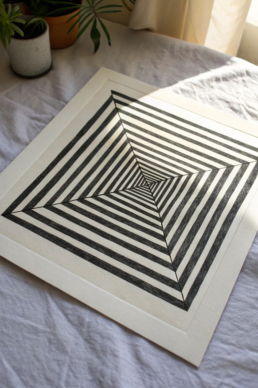 Square op-art tunnel in bold black ink, perfectly centered for a hypnotic minimalist look.