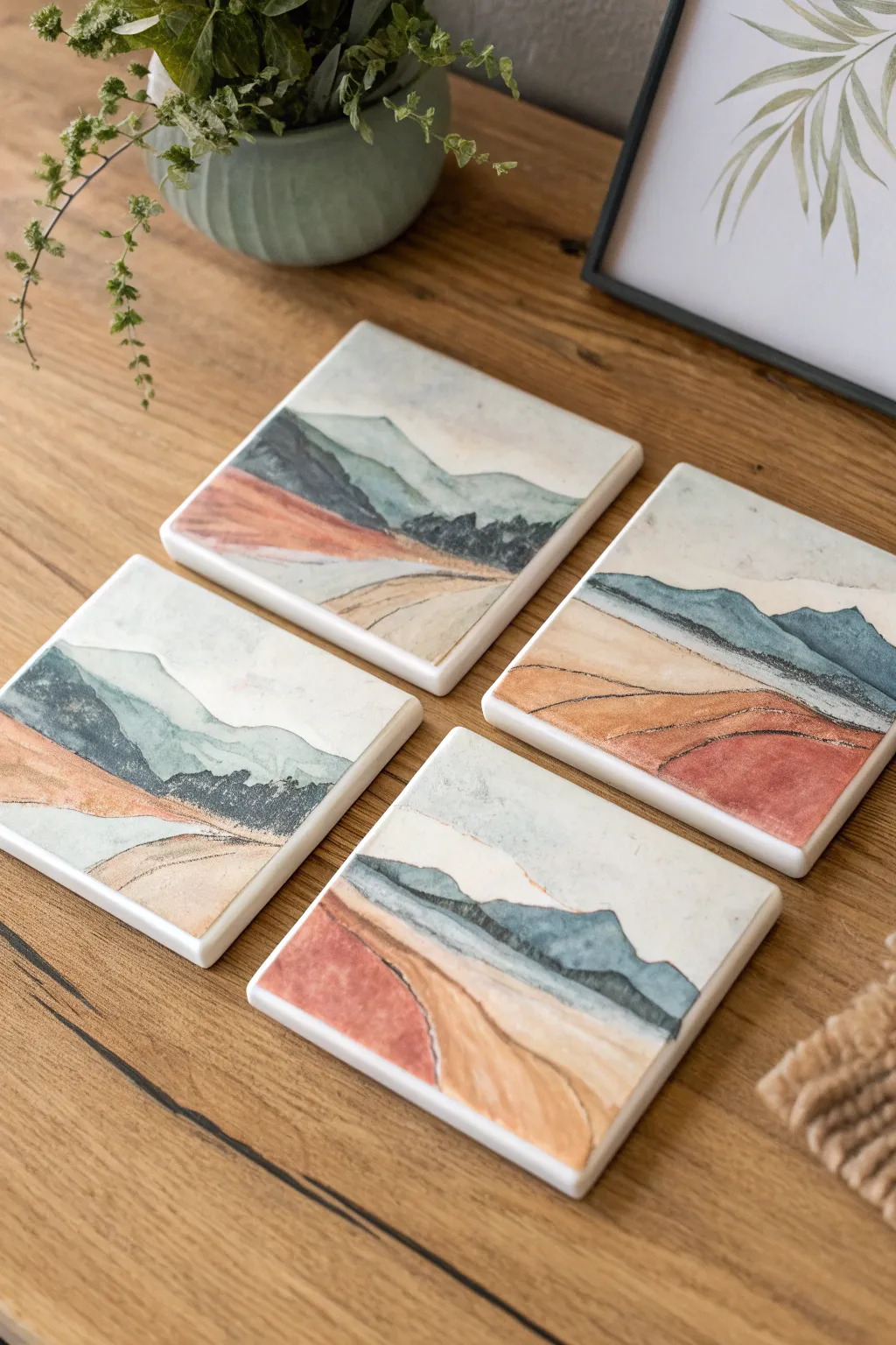 Four square coasters join into a seamless 2x2 panorama, minimalist Scandinavian with boho warmth