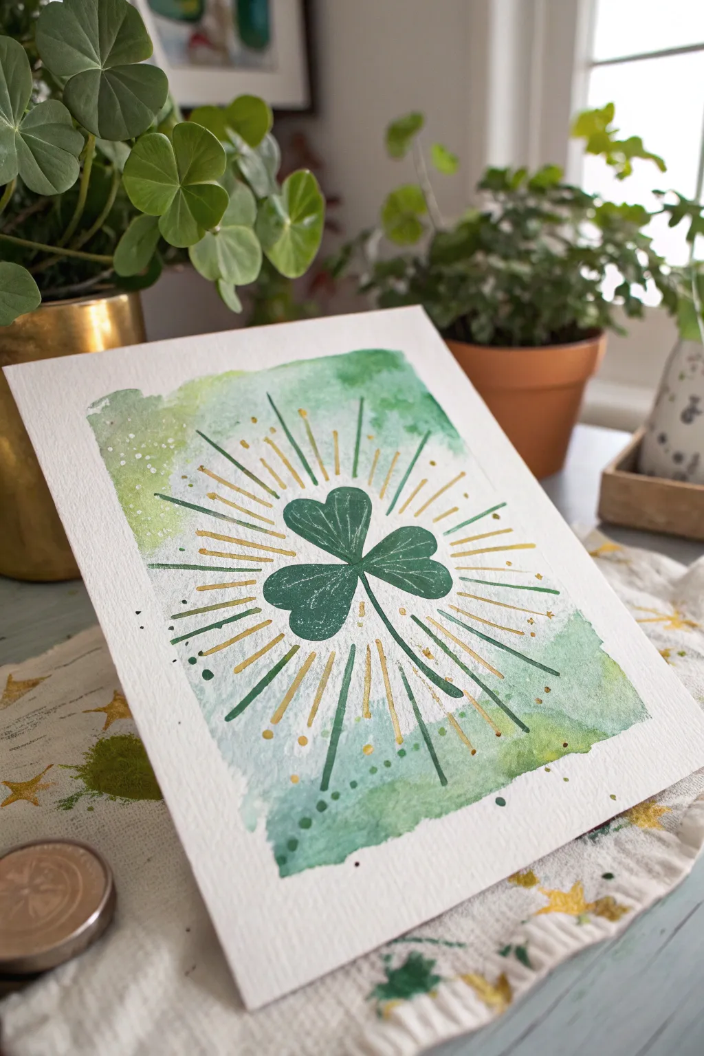 Crisp tape-resist shamrock with emerald and gold burst for a modern St Patricks Day vibe