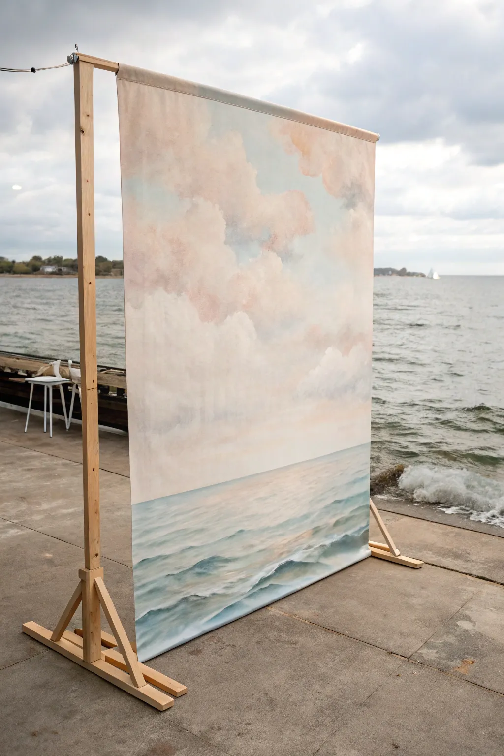 Painted backdrop plus projection overlay for dreamy stage depth in a minimal boho palette.