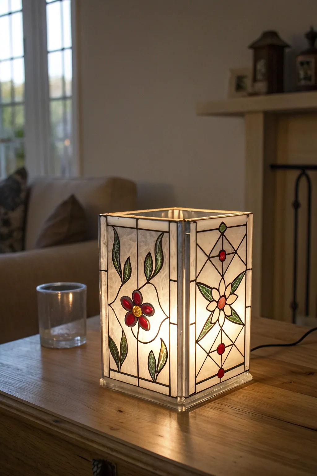 A cozy painted glass block night light with stained-glass glow in soft minimalist style
