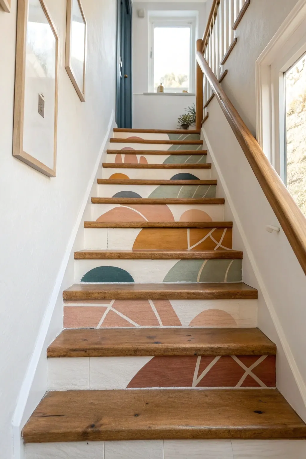 Turn stair risers into a mini gallery with cohesive abstract panels in soft, earthy tones.