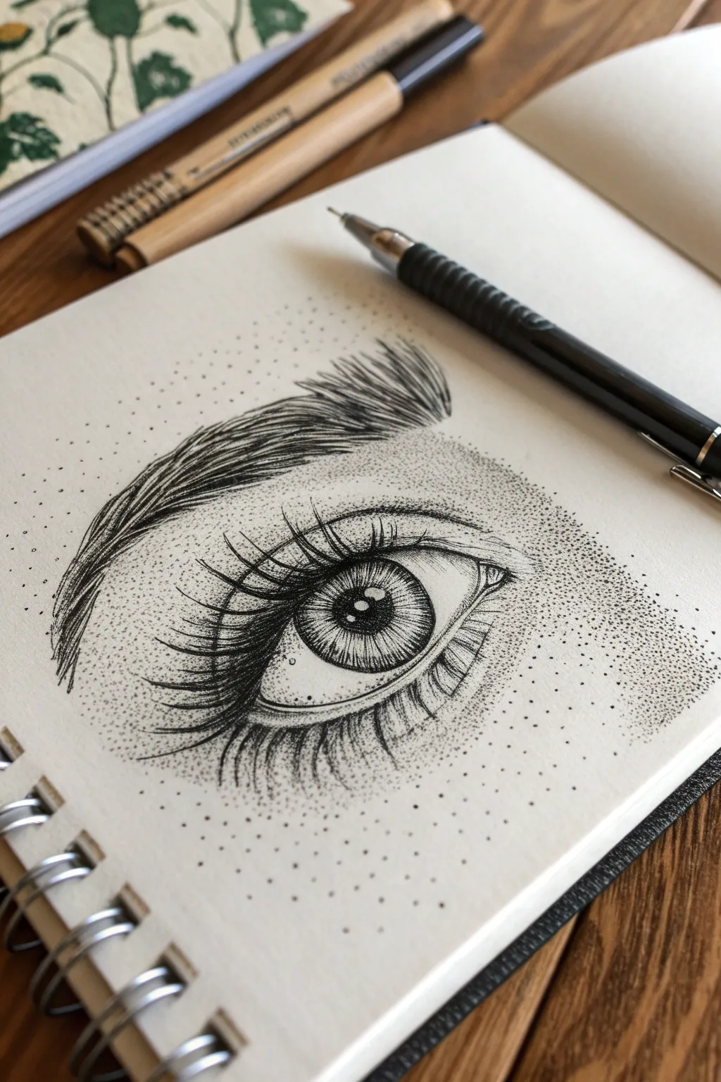 Micro-stippled eye study with crisp negative-space catchlight and soft dotted skin gradients.