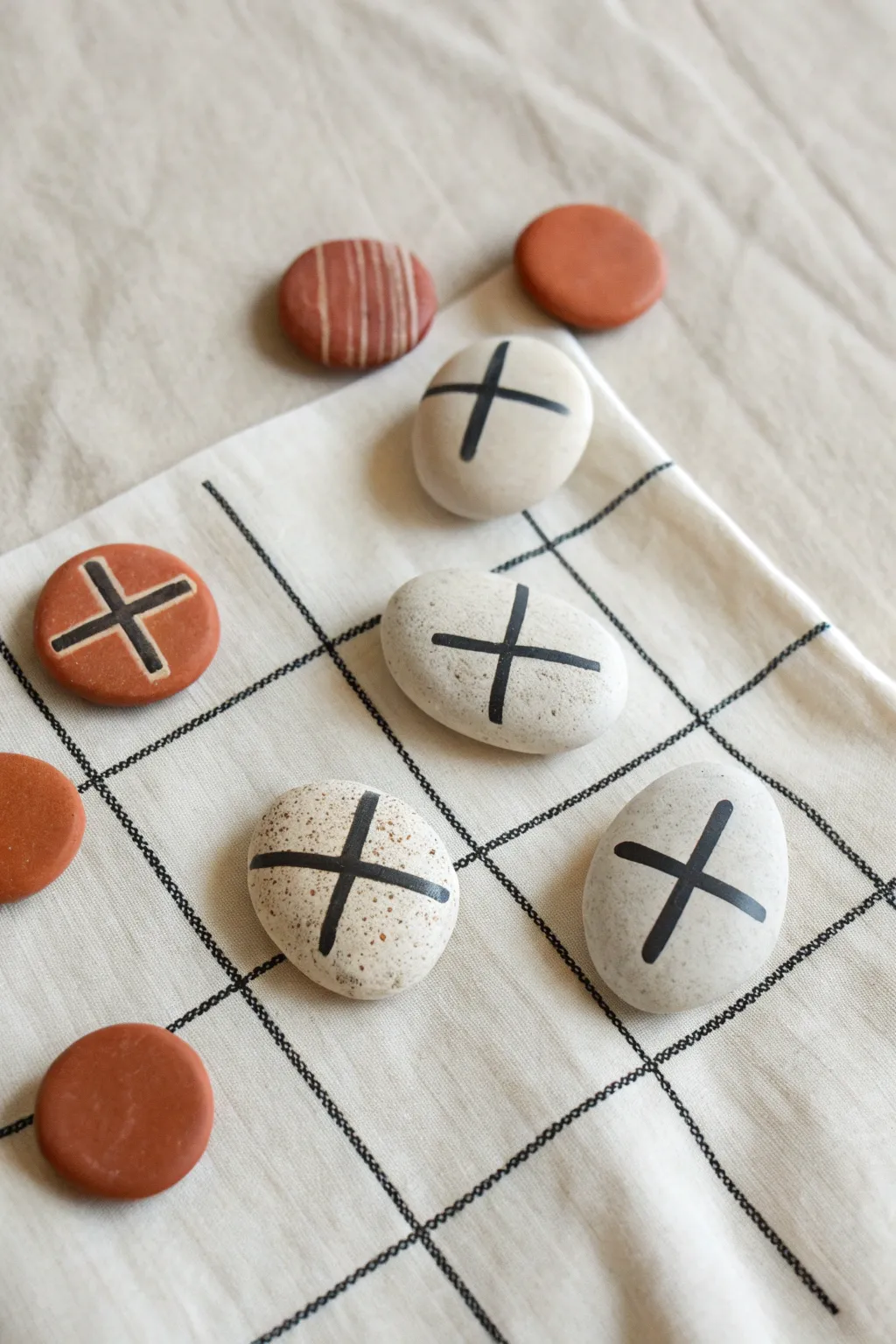 Painted rock tic-tac-toe set on soft linen, minimalist and boho, perfect for cozy DIY game night