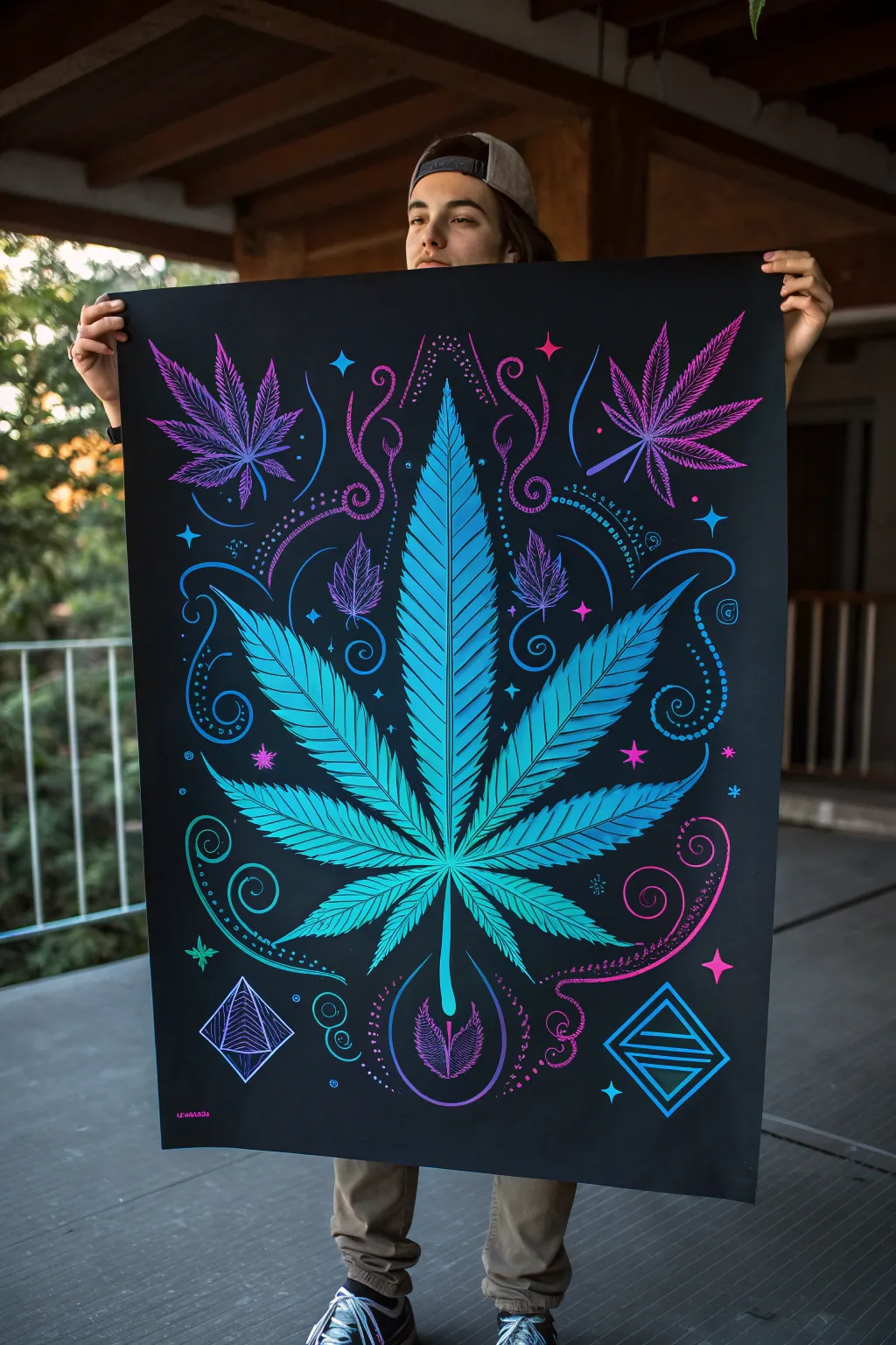 Neon blacklight cannabis leaf poster art with clean geometry and dreamy smoke on deep matte black.
