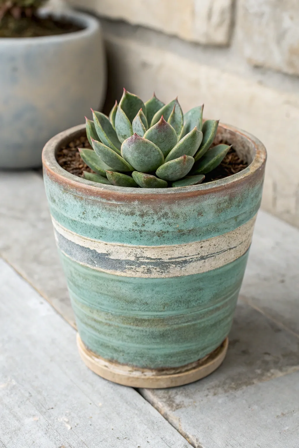 Aged patina succulent pot with subtle crackle lines on stone, minimalist and timeworn