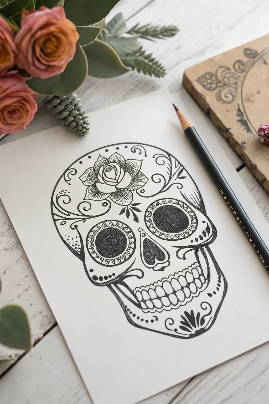 Tattoo-style sugar skull with bold outlines and smooth shading, in a minimalist boho aesthetic.