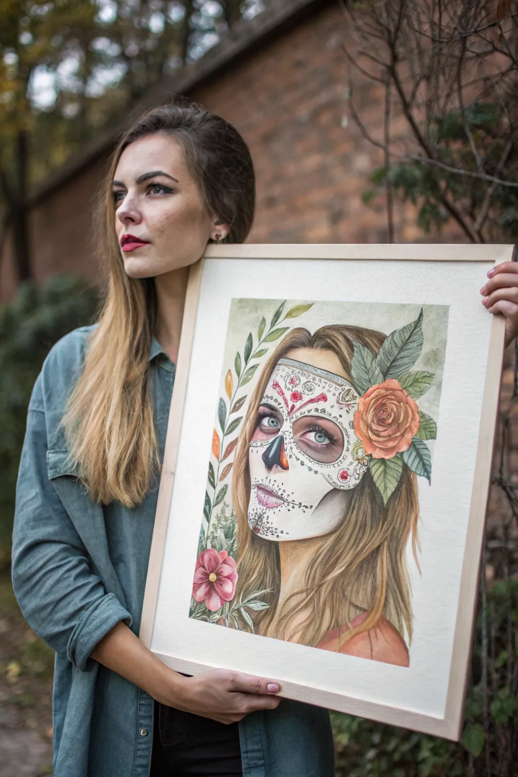 Half human, half sugar skull portrait with floral motifs and dramatic minimalist contrast.