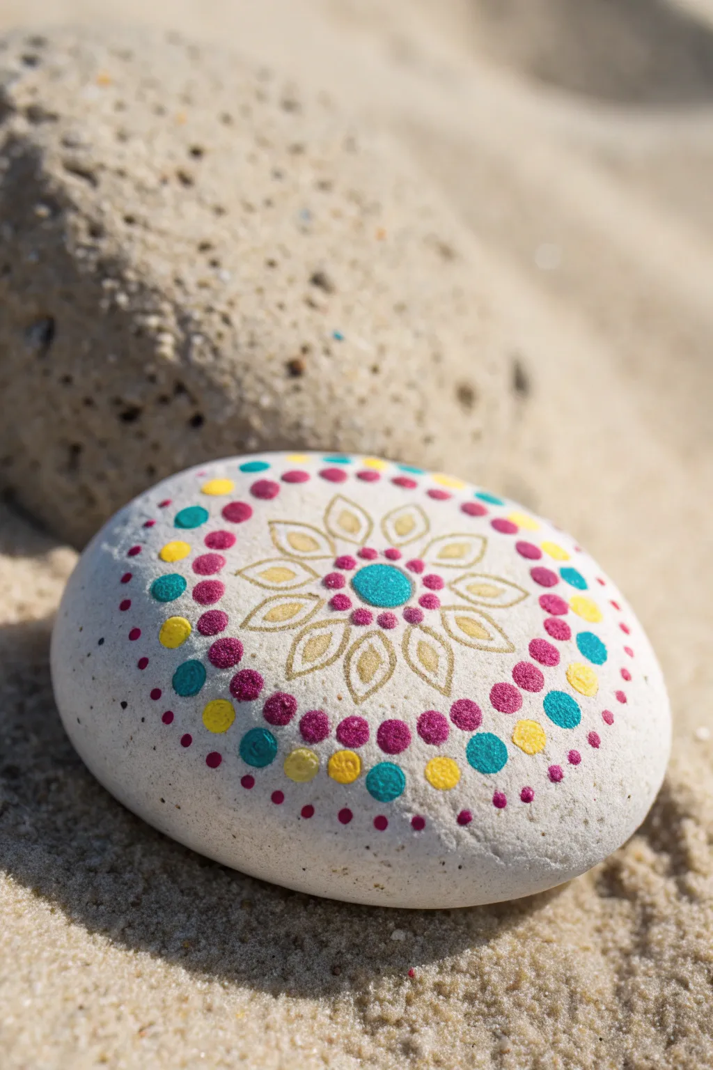 Neon dot mandala rock in pink, yellow and turquoise, glowing in summer sunlight.