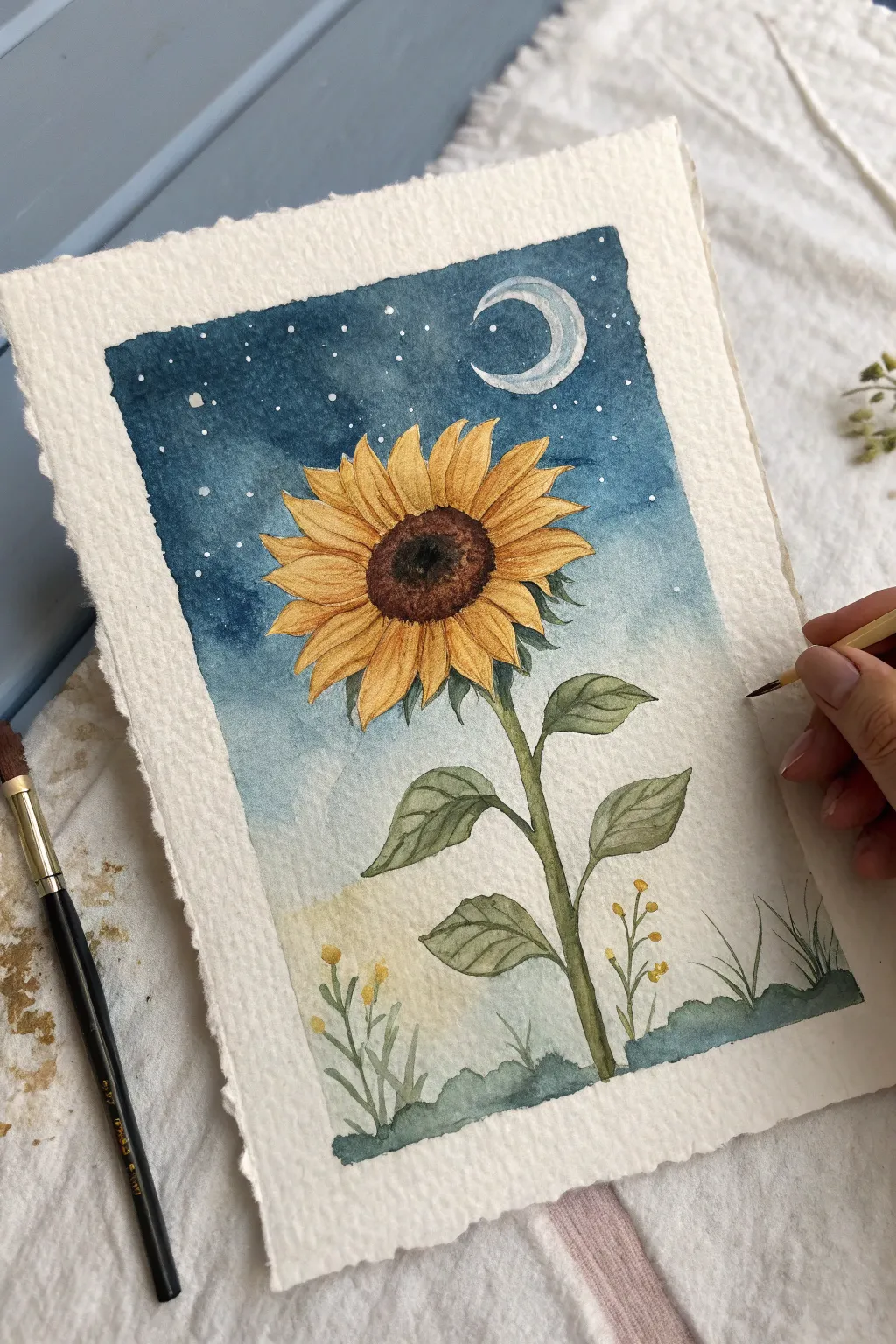 Moonlit sunflower sketch with warm golden petals against a cool starry night backdrop