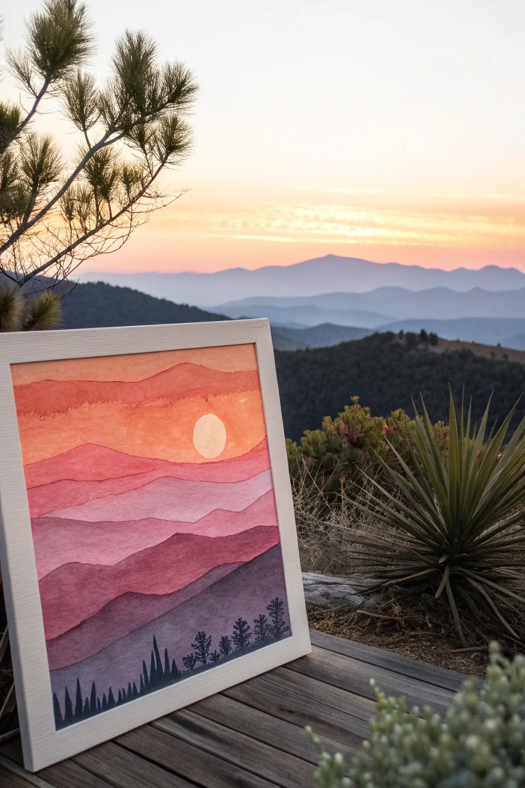 Abstract sunset idea with bold layered silhouettes, clean sun orb, and warm modern boho minimalism