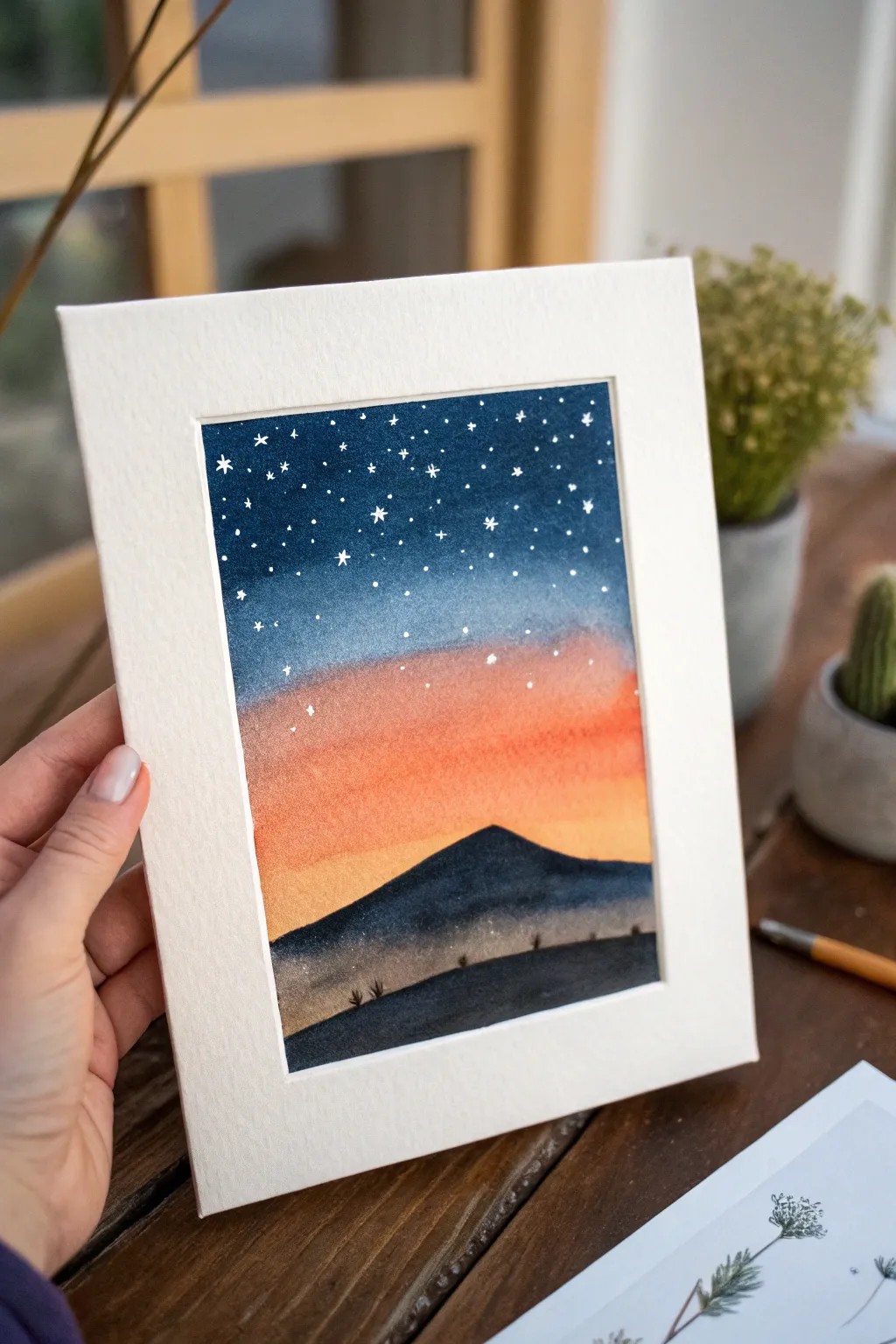 Twilight gradient silhouette with first stars, a calm minimalist sunset-to-night painting idea