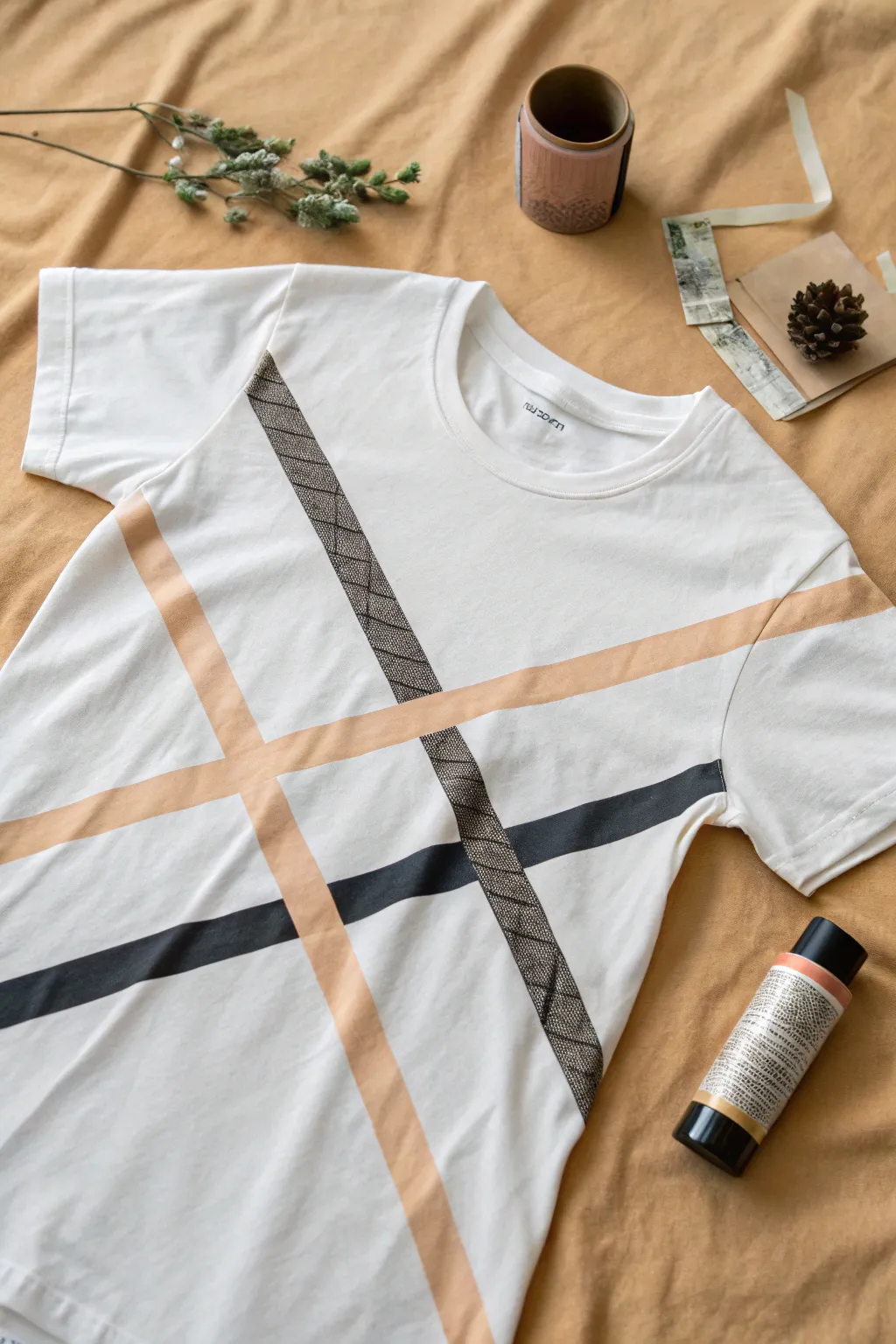 Tape-resist angles turn a plain tee into crisp geometric art with playful paint splatter.