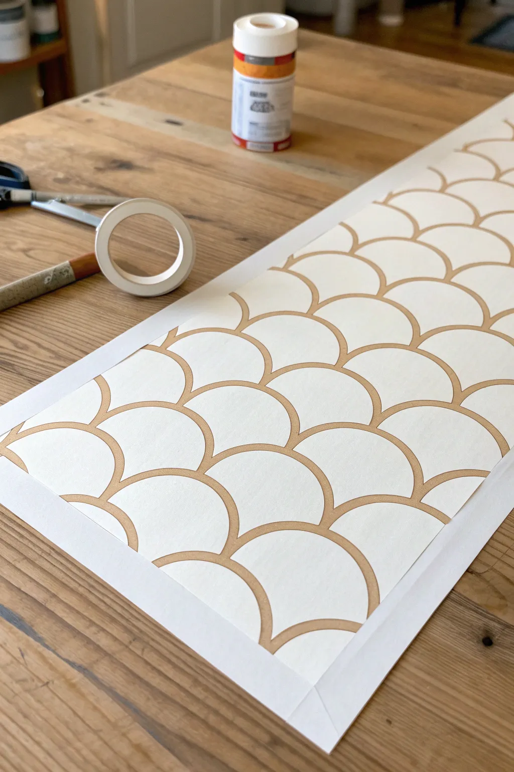 Curved tape arches create crisp scallops, ready for alternating paint in soft boho neutrals.