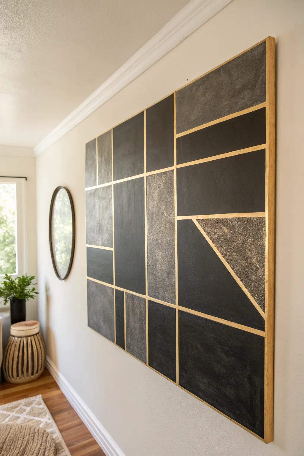 Create luxe contrast with crisp metallic tape lines on moody geometric wall art DIY.