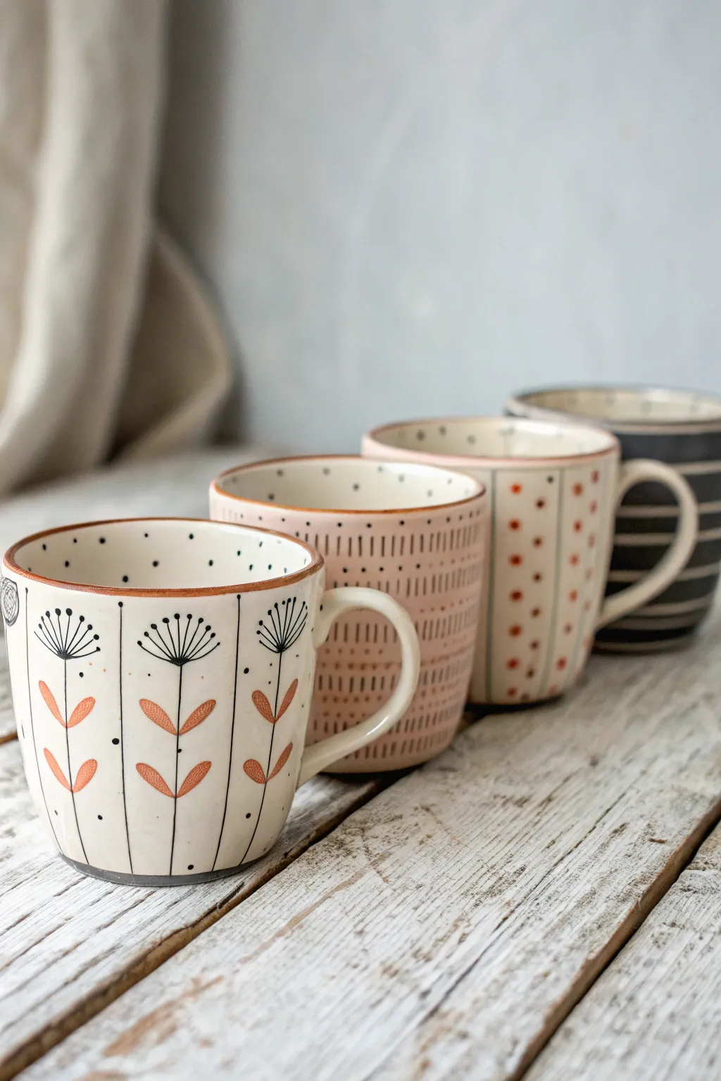 Mix-and-match tea cups in one palette, four hand-painted patterns for a cohesive set