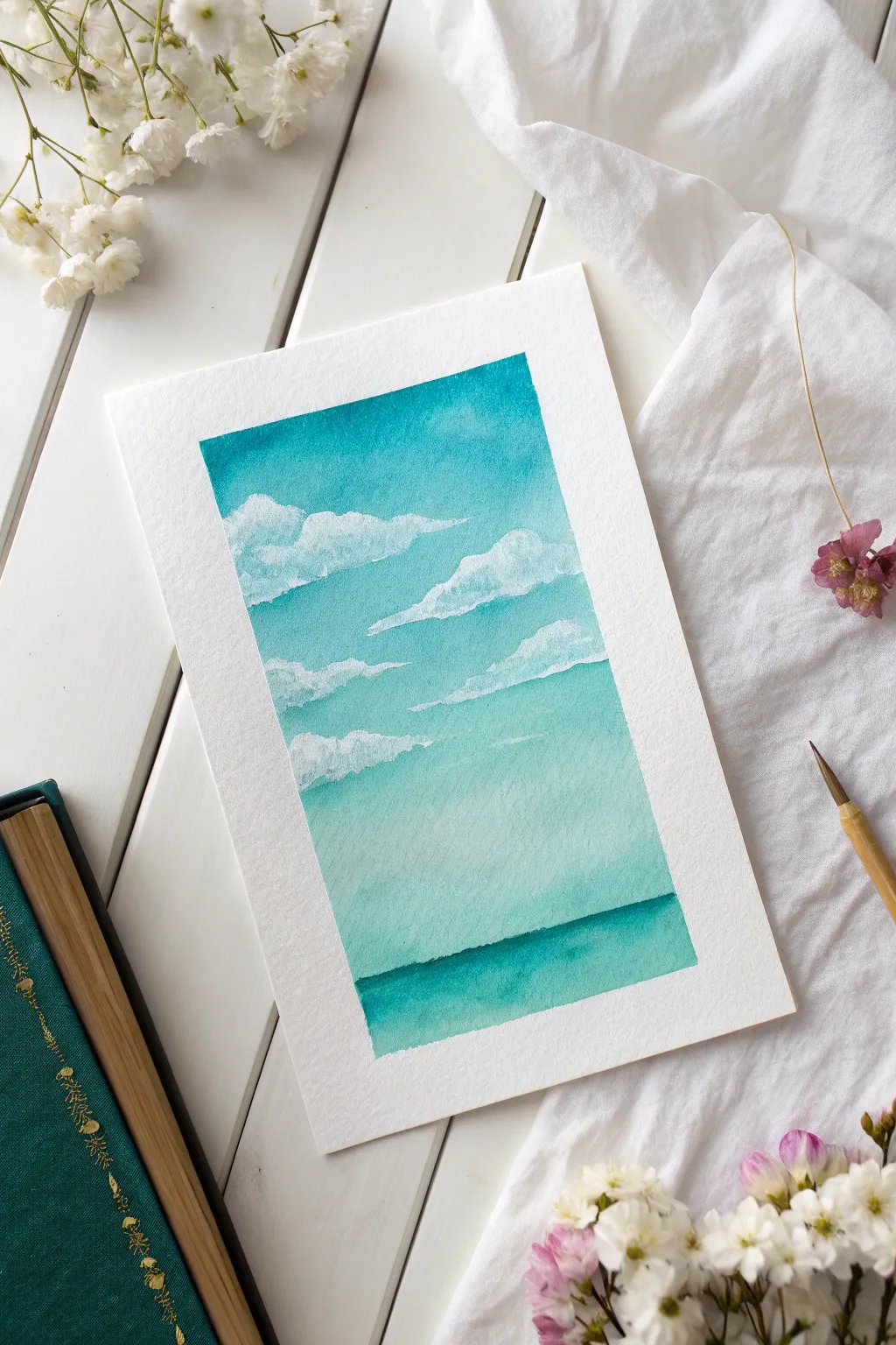 Teal ombre gradient with airy clouds, a soothing minimalist watercolor idea to try at home