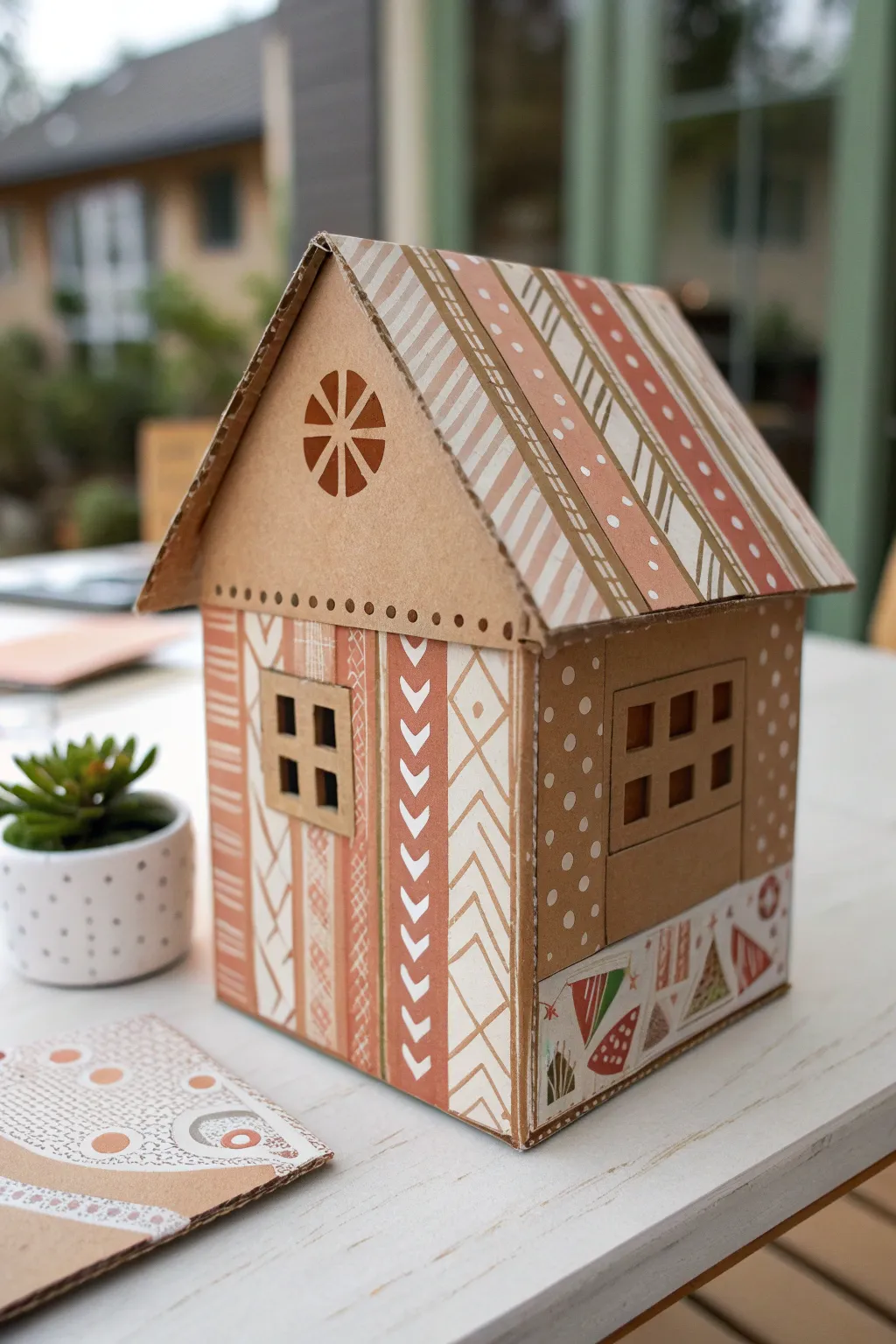 Minimal cardboard house brightened with tempera paint sticks, modern boho craft inspiration