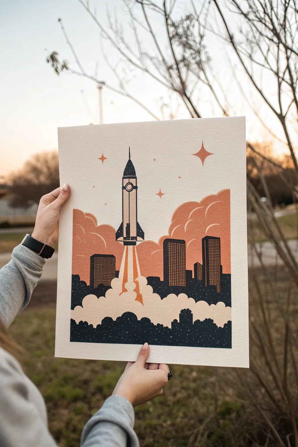 Minimal rocket lift-off above a Texas skyline silhouette, clean lines and soft boho smoke clouds