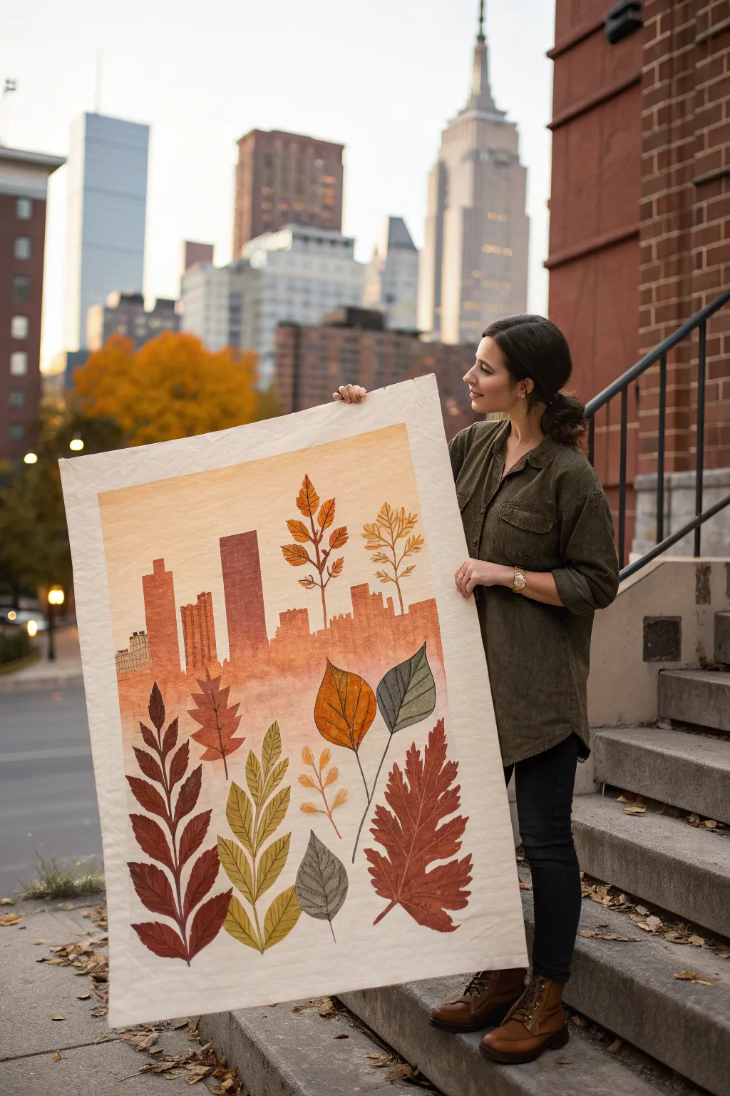 Minimalist abstract pumpkin and leaf skyline in warm autumn tones, bold brushwork, high contrast