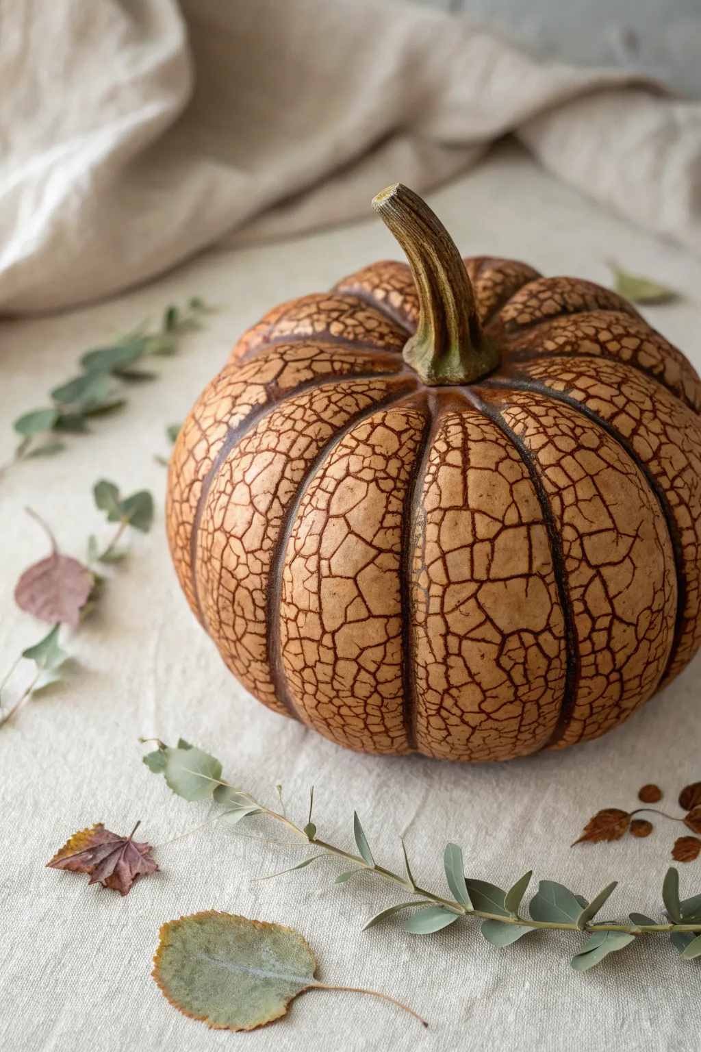 Warm crackle-painted pumpkin with drifting leaf accents for cozy minimalist Thanksgiving decor.