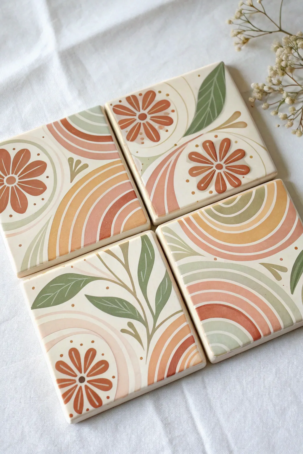 A four-tile mini mural: connect calm boho shapes into one Scandinavian-inspired statement.