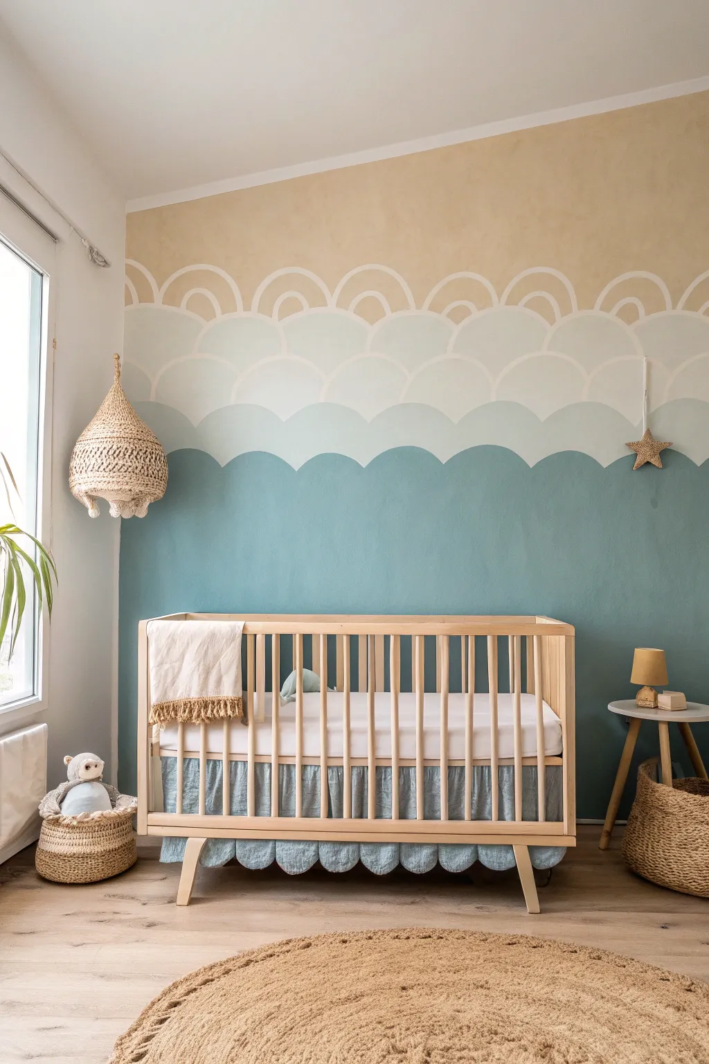 Playful blue and sand scallop divider for a calm, cozy toddler boy room accent wall