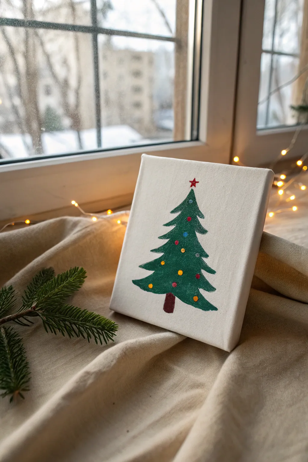Cotton swab pointillism tree lights on a simple Christmas canvas, toddler friendly and festive.
