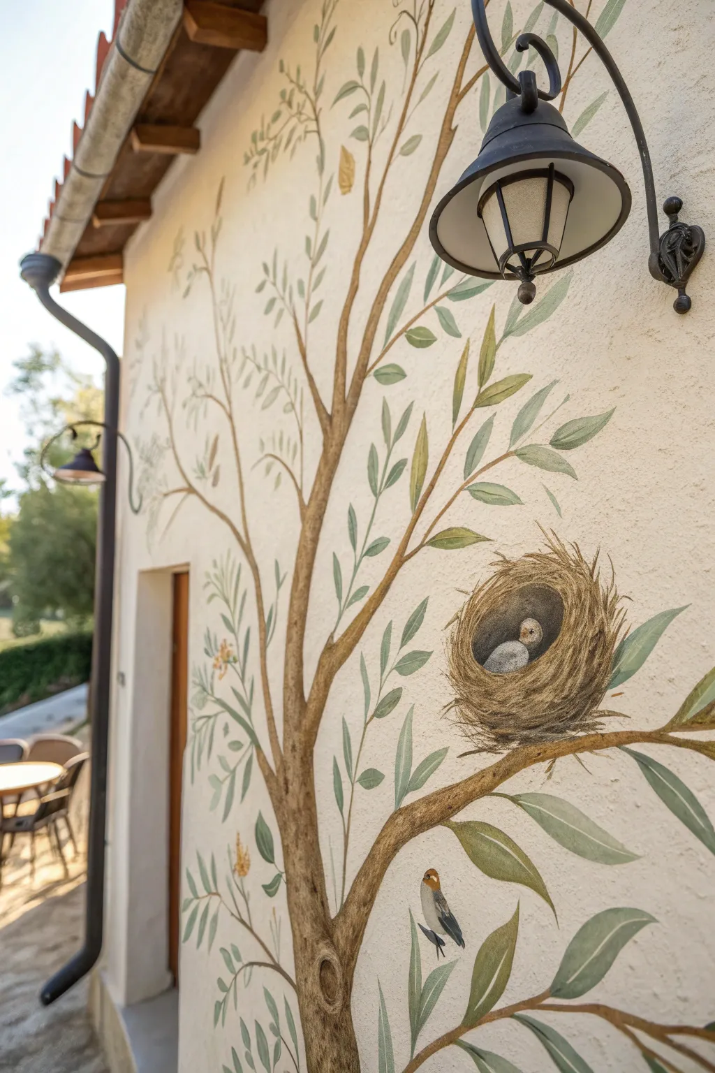 A painted nest cleverly wraps a wall sconce, turning a tree mural detail into charming camouflage.