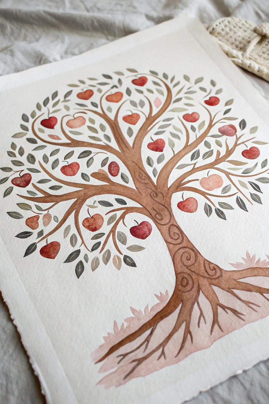 Minimal Tree of Life artwork with heart leaves and symbolic fruit, clean Scandinavian boho contrast