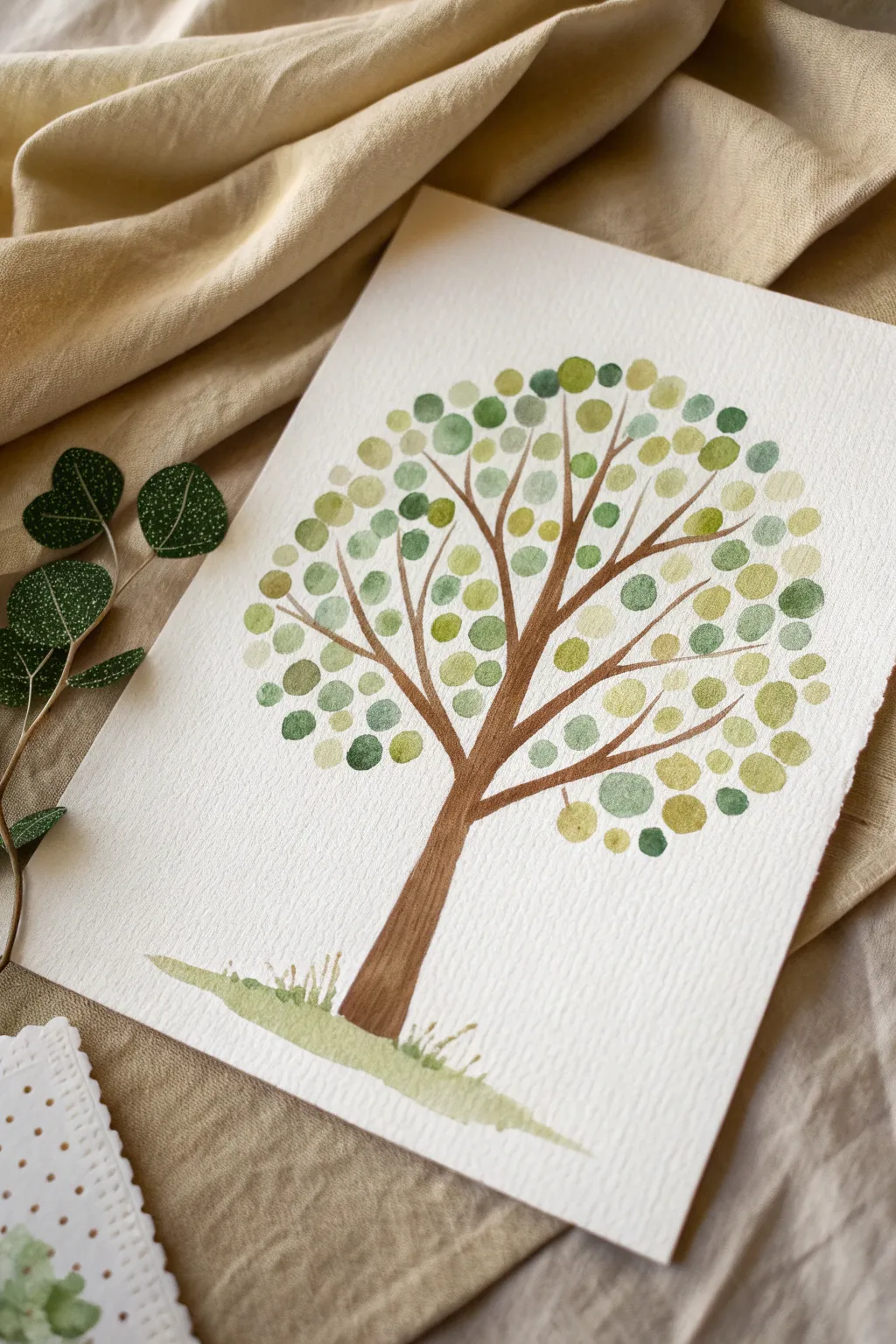 Cotton swab dots create lush leaf clusters on a minimalist tree, crisp texture and contrast.