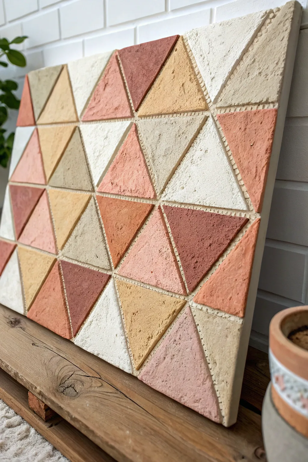Triangle patchwork painting where texture leads the design, in a calm Scandinavian boho palette.