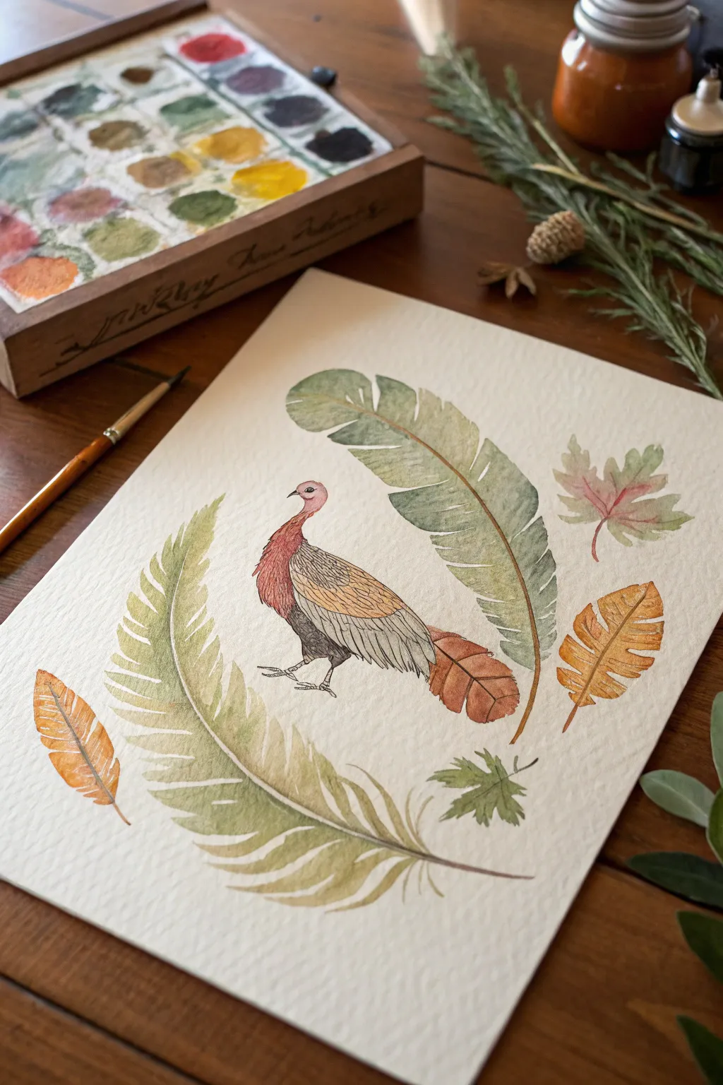 Nature-style turkey painting with leaf-printed feathers in earthy greens and warm browns