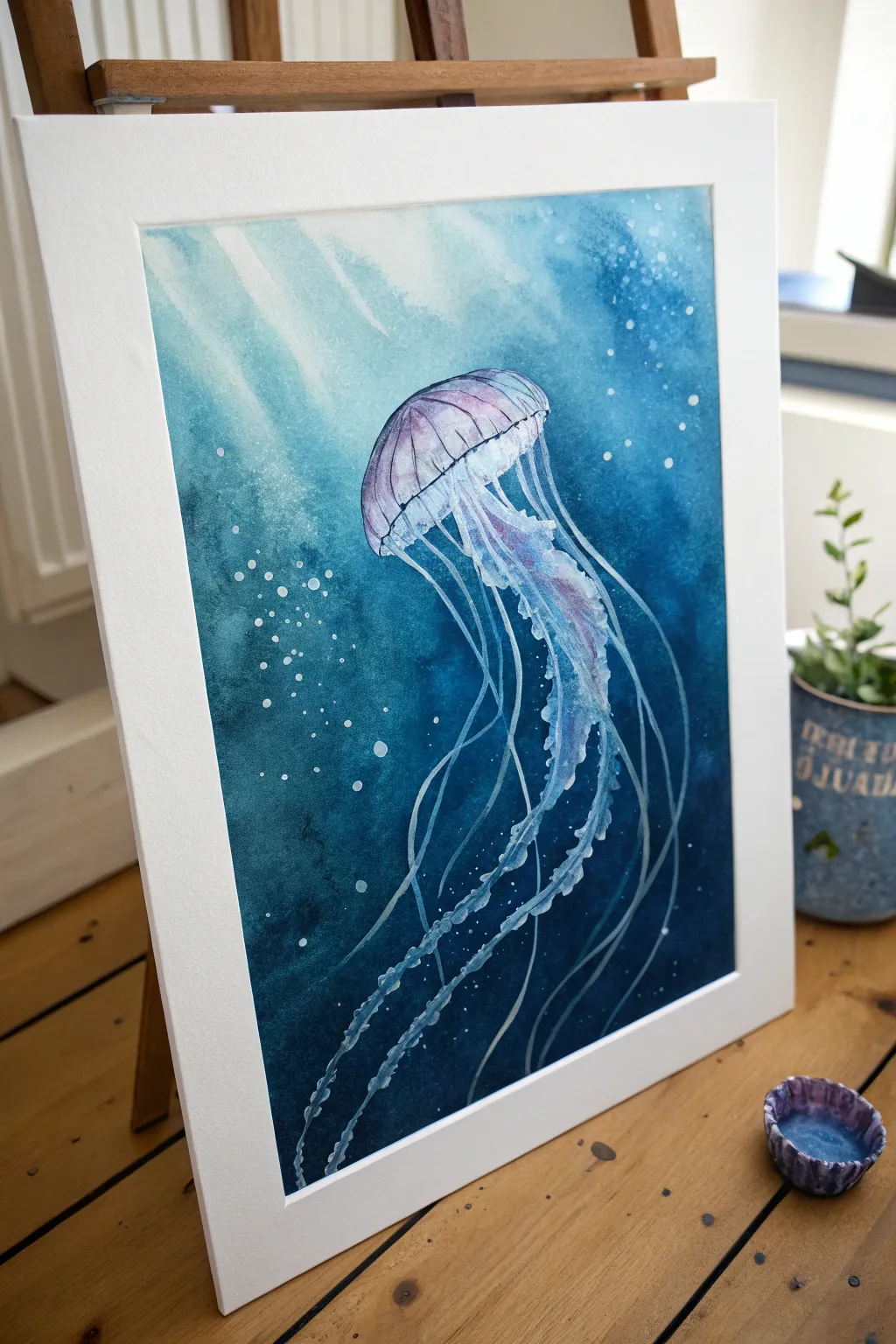 Dreamy ocean wash with chalk-pastel glow: jellyfish highlights, bubbles, and soft light beams