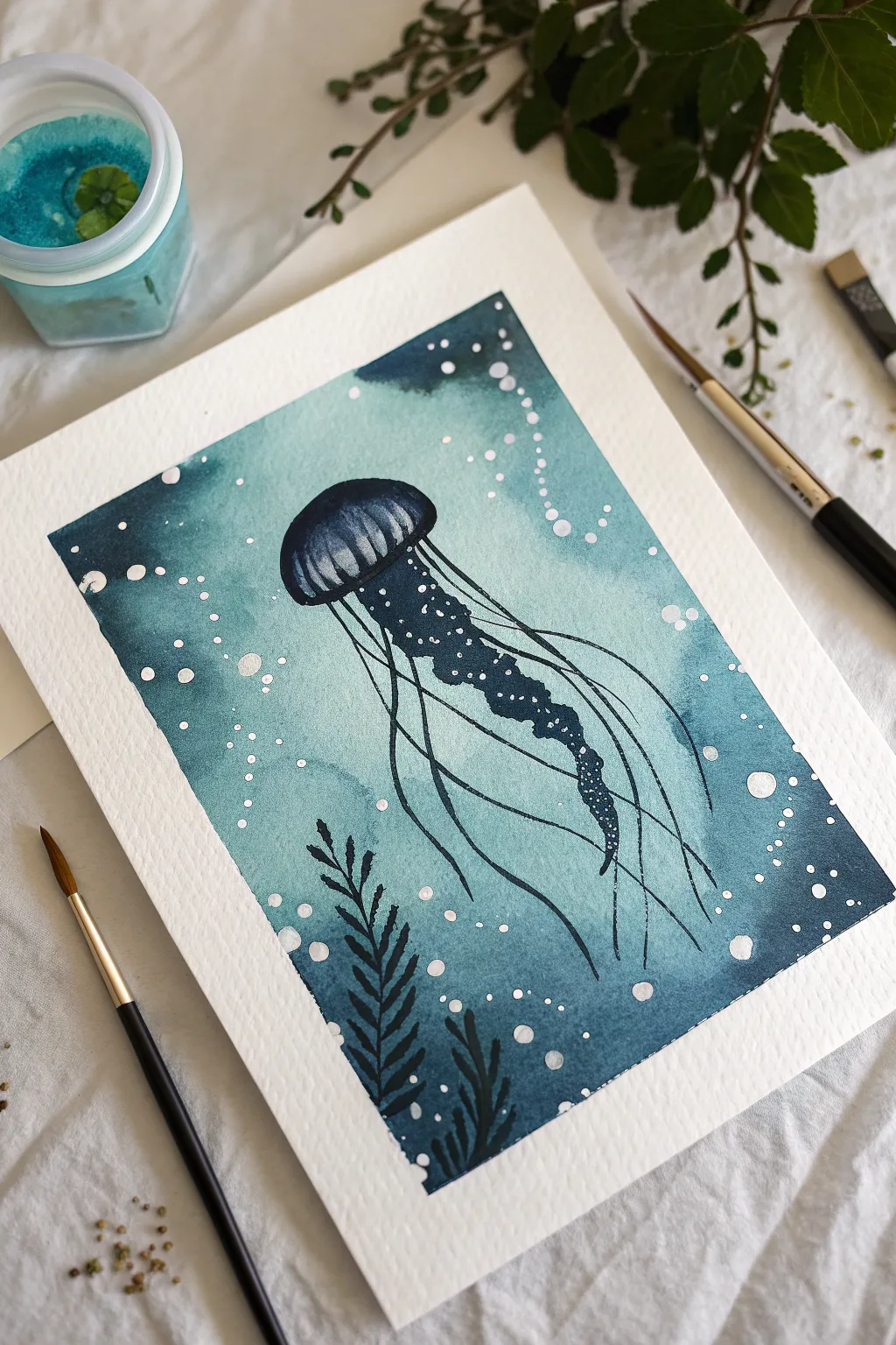 Easy underwater glow idea: a minimalist jellyfish silhouette with dreamy bioluminescent dots.