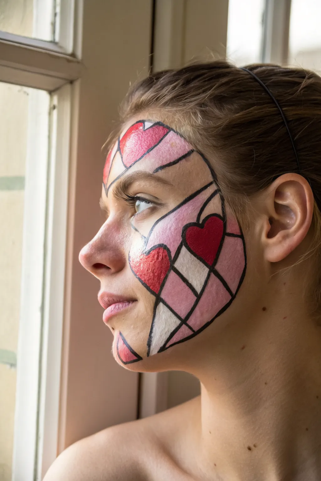 Stained-glass heart cheek paint with bold black lines and glossy highlights for Valentines