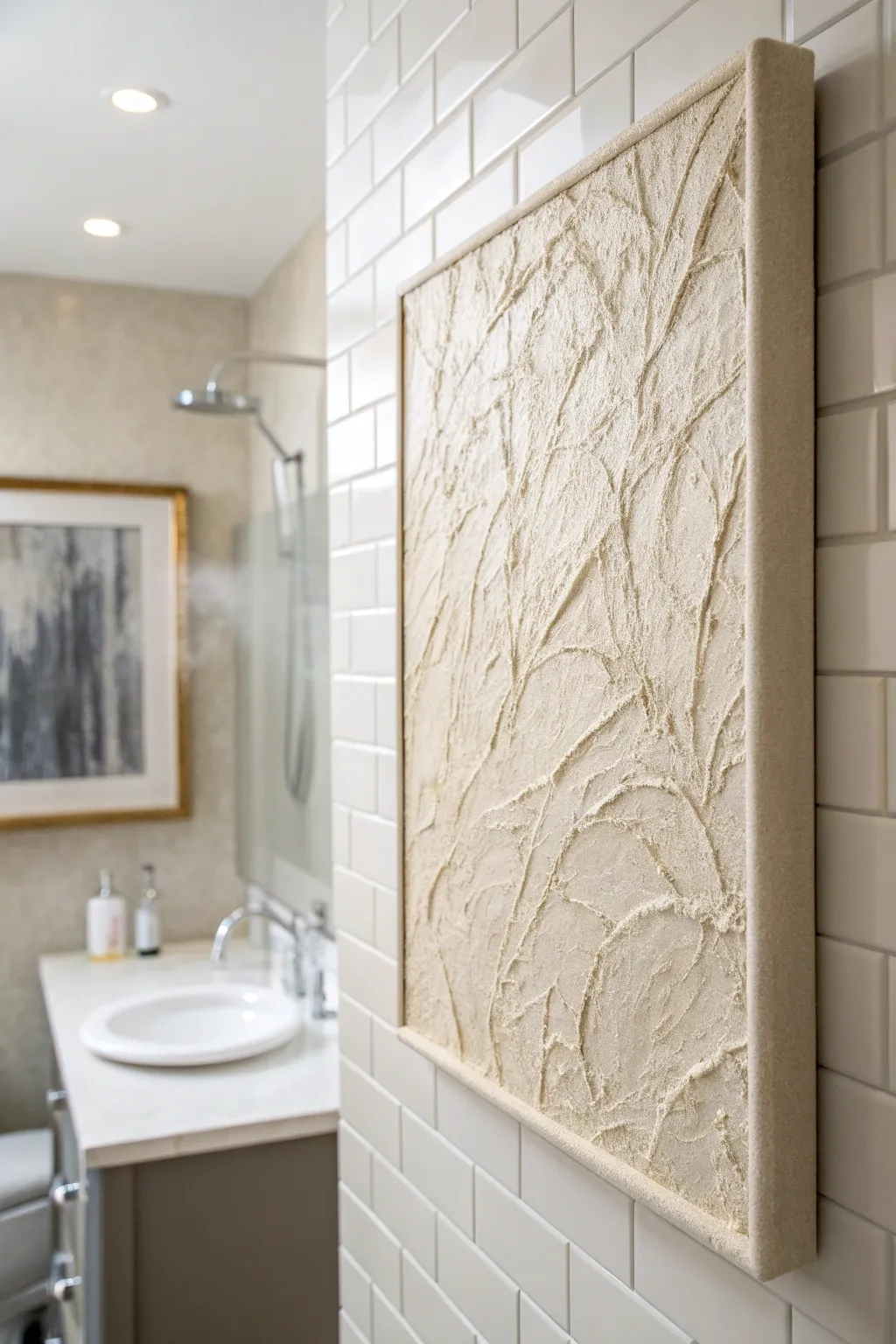 Sealed handmade mixed-media wall art with a soft sheen, styled for a steamy bathroom moment.