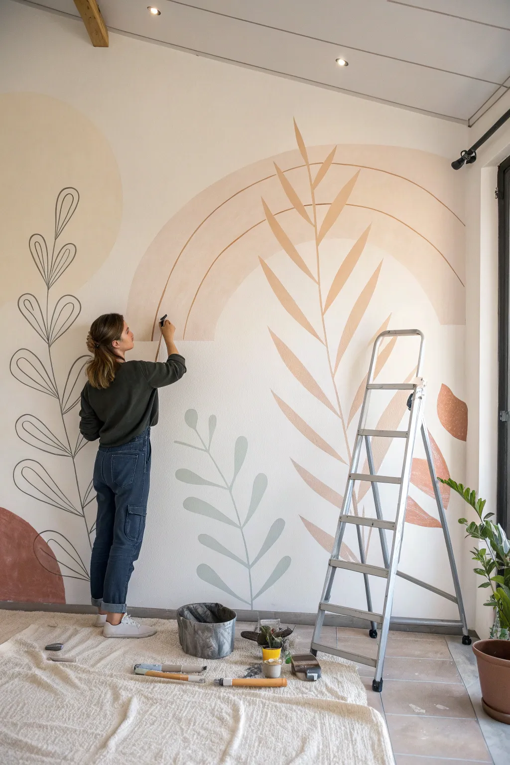 A mural in progress transforms a blank wall into a giant painting with calm lines and earthy color.