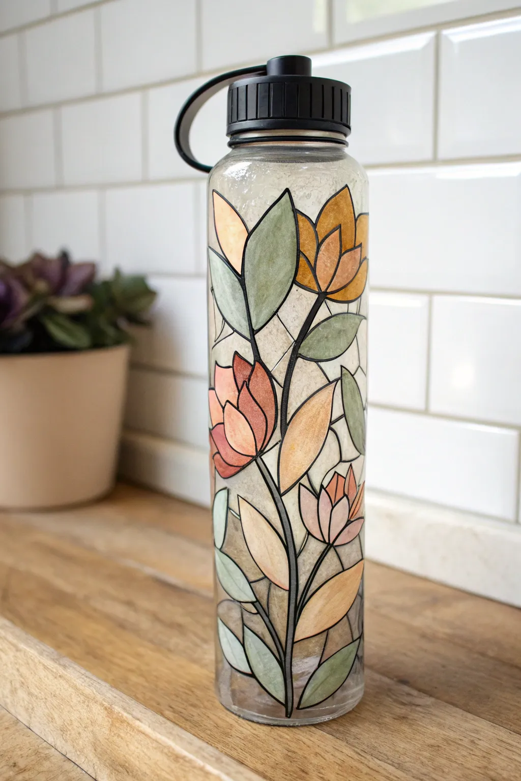 Faux stained glass florals on a painted water bottle, glowing in soft window backlight.