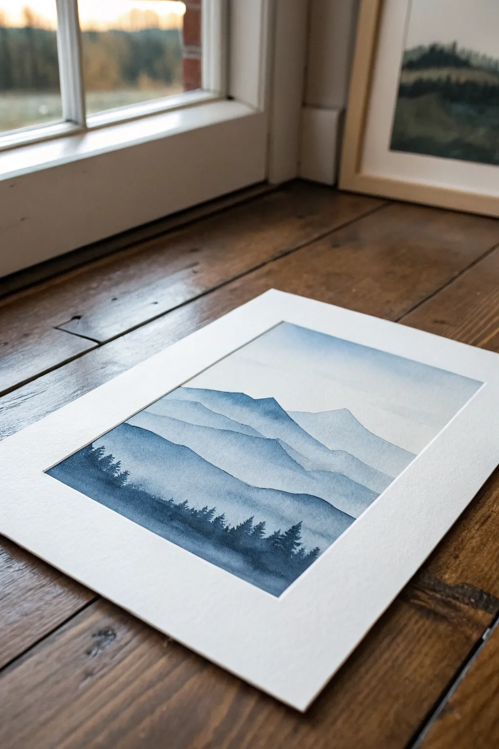 Minimal monochrome landscape in one hue, showing a full value range from wash to dark accents