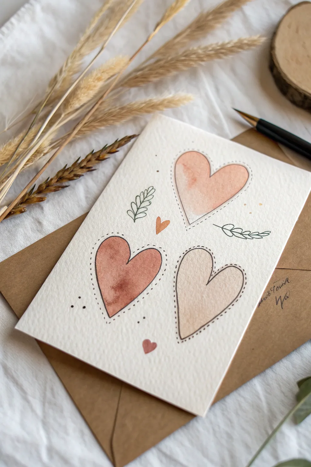 Minimal greeting card: watercolor-pen wash shapes with fine ink outlines and calm Scandinavian boho style.