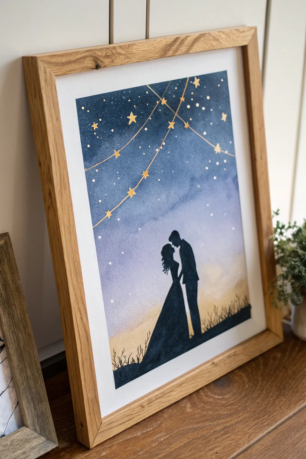 Indigo night silhouette wedding painting under warm sparkle lights, a romantic handmade gift idea