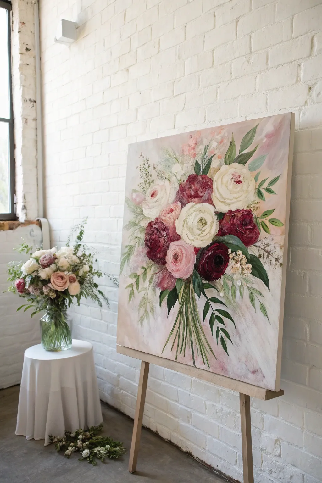 Blush, cream, sage, and burgundy strokes form a minimalist floral-inspired wedding abstract.