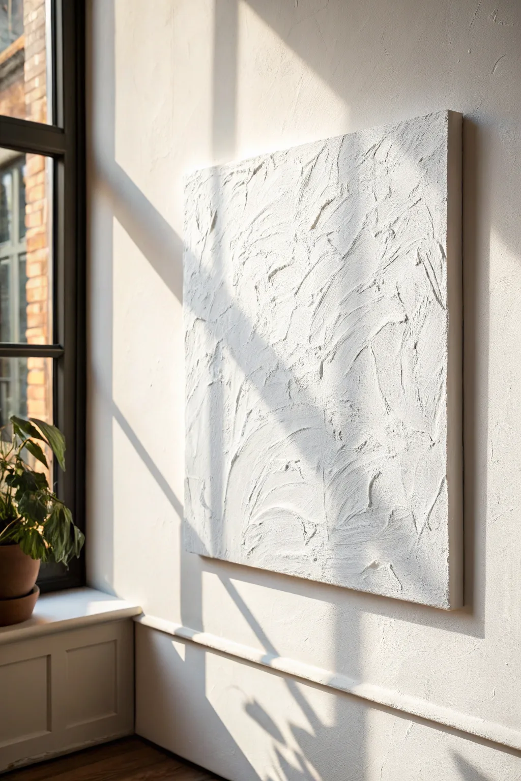 White-on-white impasto abstract with sculptural texture and side-lit shadows for calm minimal style