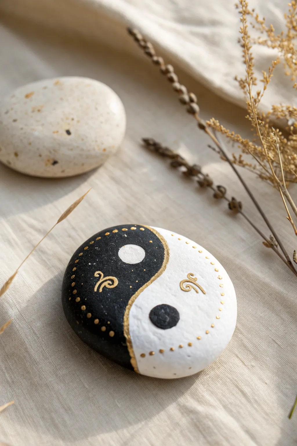 Minimal yin-yang on a white stone with fine gold accents for calm, modern boho vibes.
