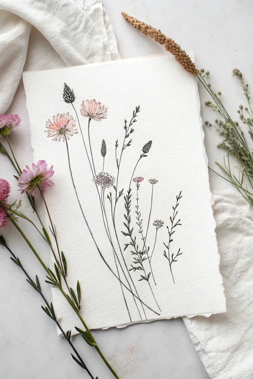 Crisp ink wildflower stems topped with loose watercolor blooms for a modern, airy minimalist look