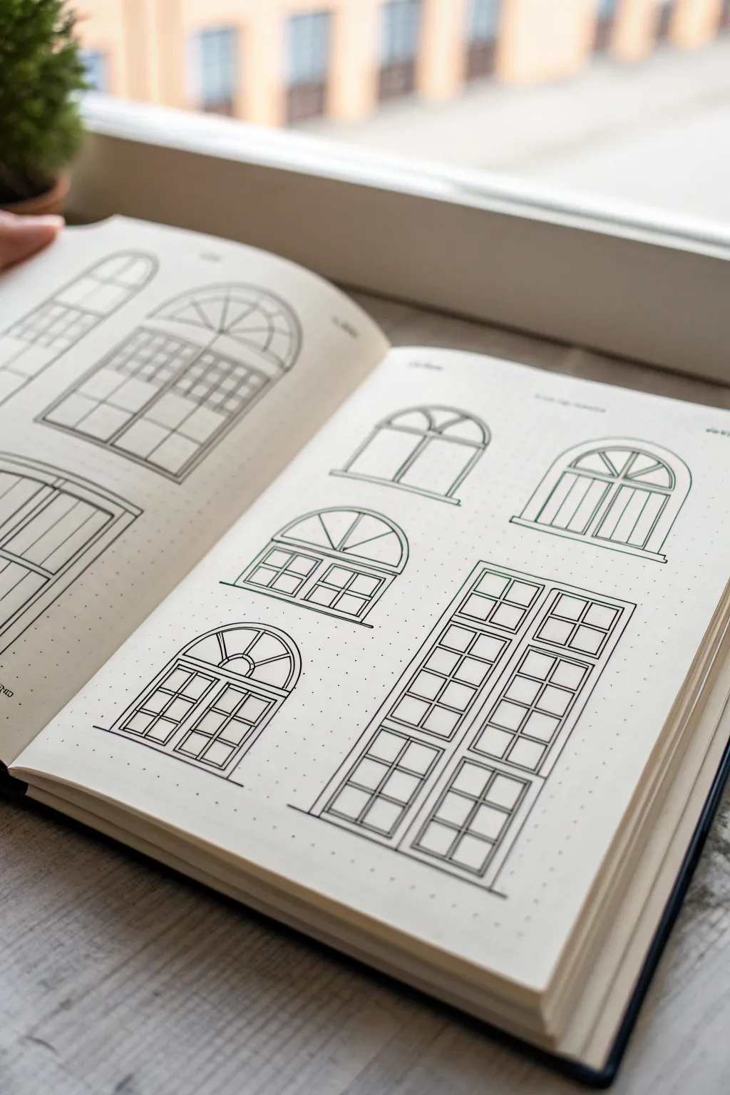 Minimalist window-shape sketch sheet with arched, round, and tall variations for drawing ideas