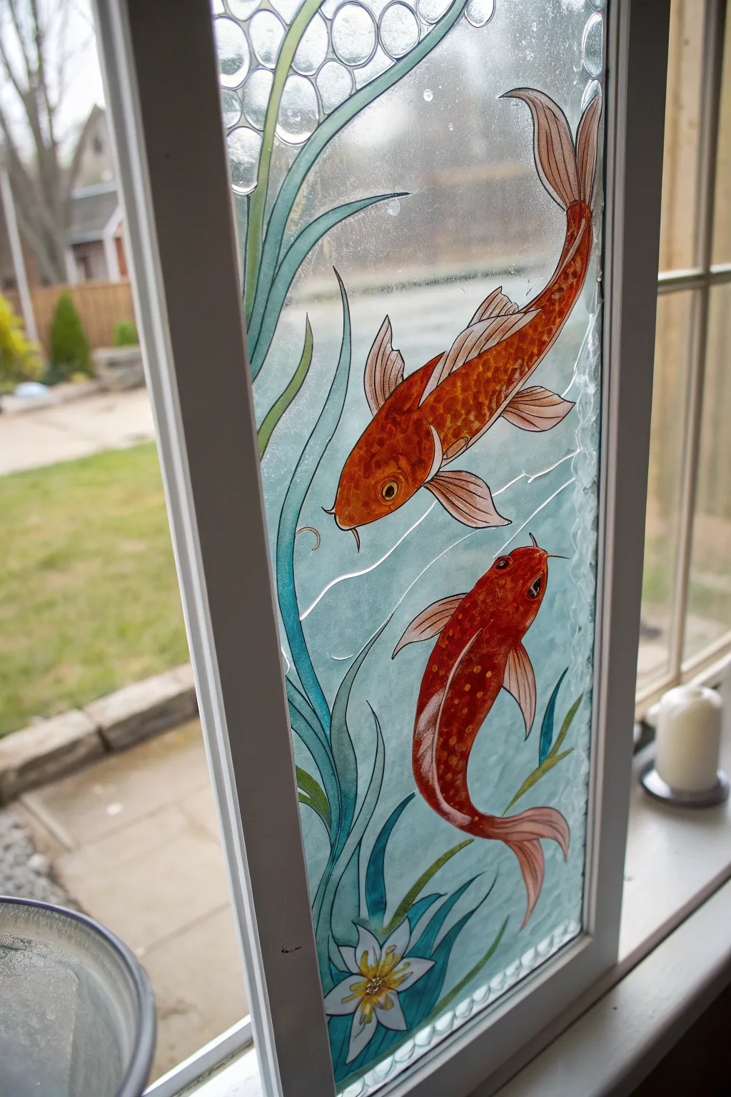 Glowing koi glass painting rising up the window pane, cool blues and warm coral contrast