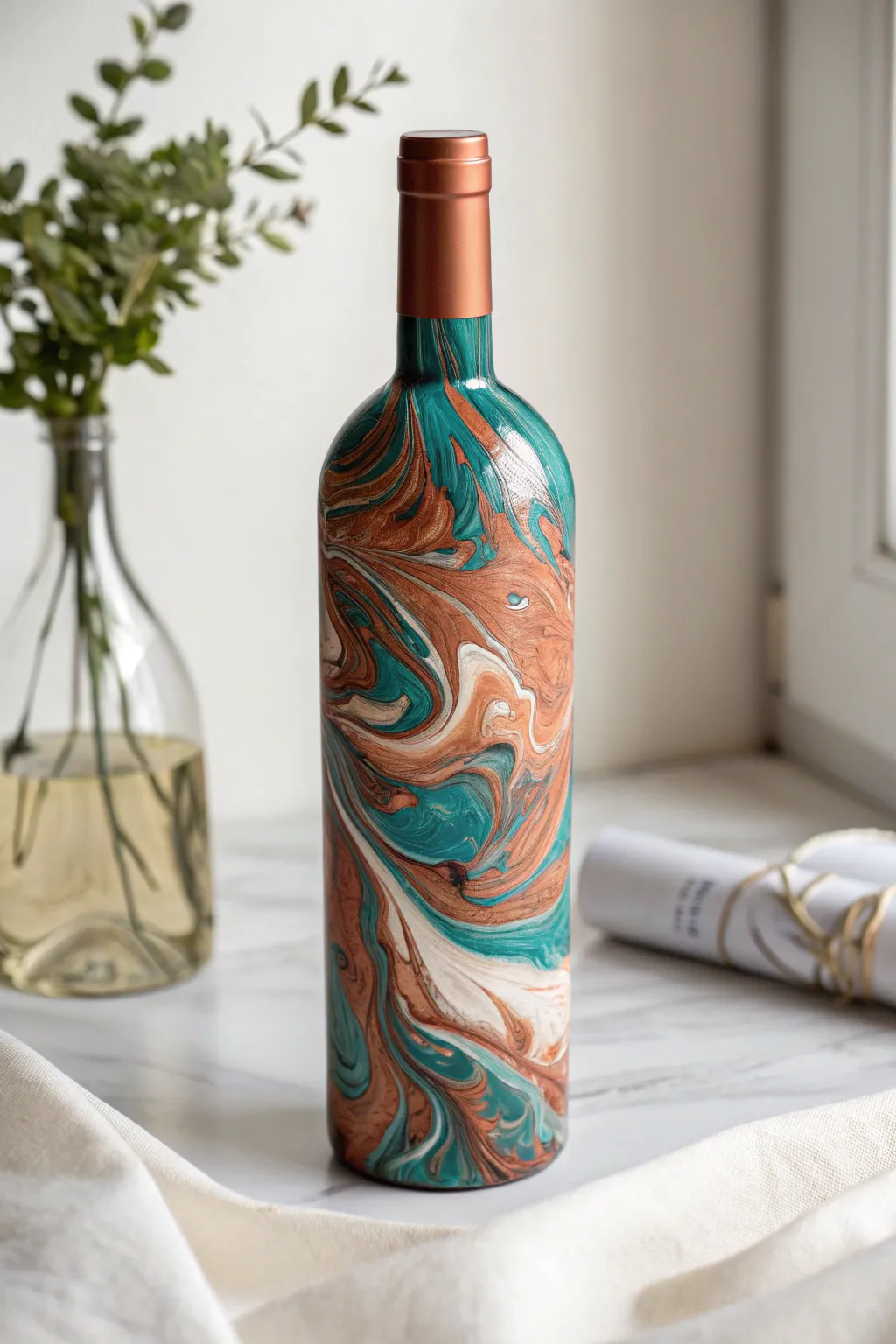 Mesmerizing water-dip marbling swirls on a glossy wine bottle, minimalist studio contrast.